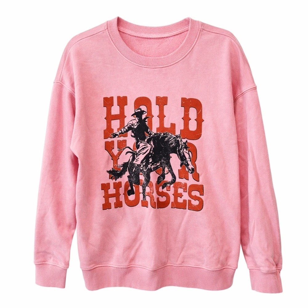 Hold Your Horses Pink Cowgirl Western Graphic Sweatshirt L - Picture 1 of 3